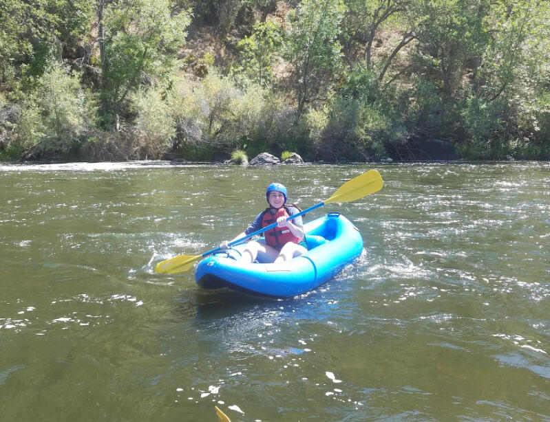Emily Mitnick is managing the raft by herself